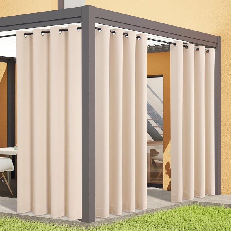 Flyfun Outdoor Curtains for Patio Waterproof - Weatherproof Porch & Gazebo Curtains, Grommet Top and Tab Bottom Drape,2 Panel, 52" W x 84" L, Beige - Image 1